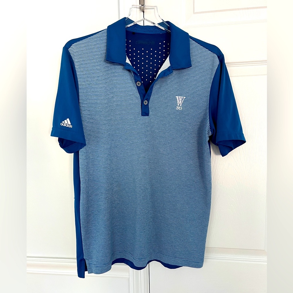Adidas blue Stripe Polo shirt ClimaChill WH 1913 Golf club logo split hem men L